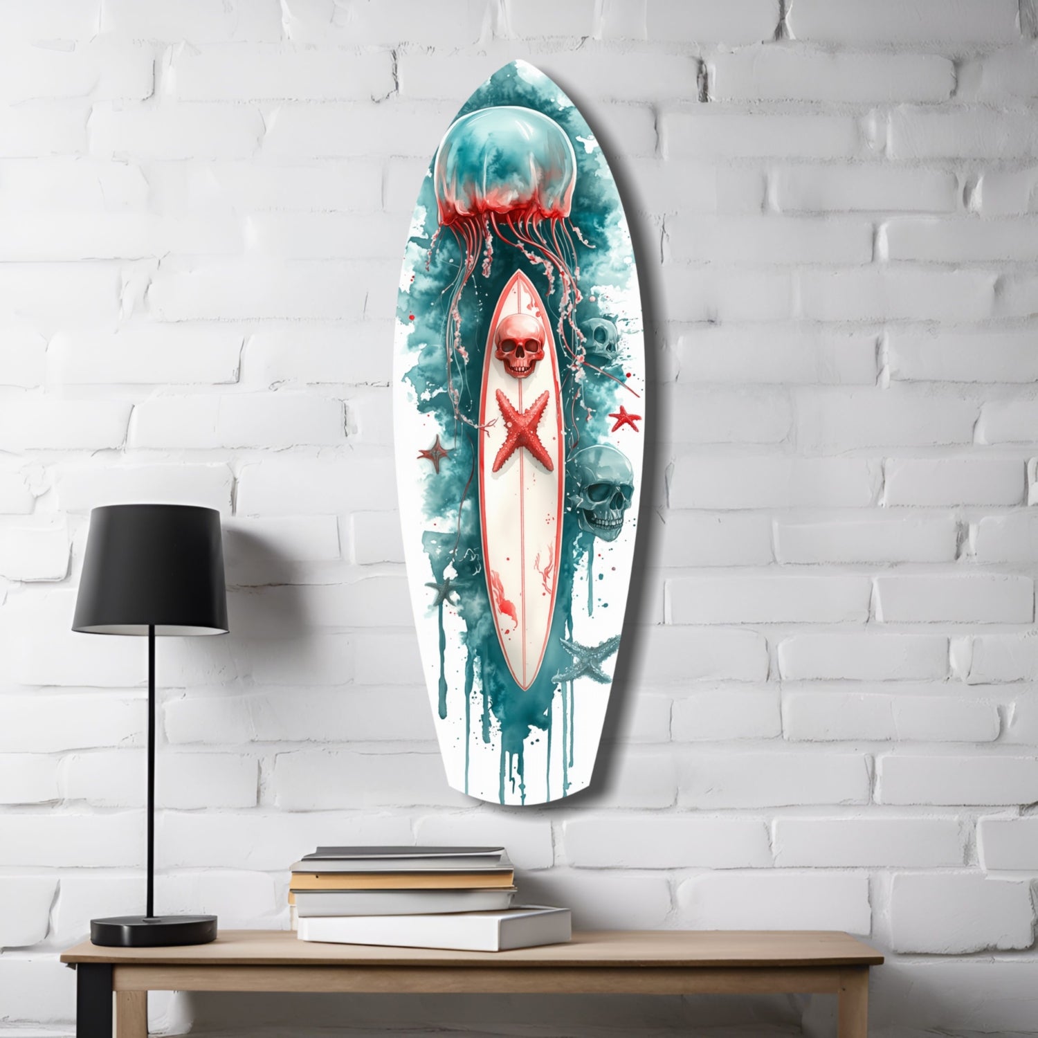 Teal Jellyfish Skull Surfboard Glass Wall Art