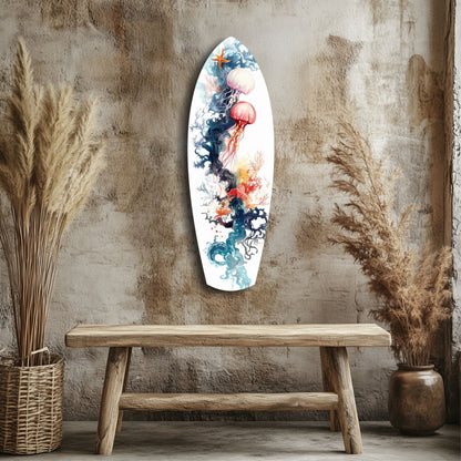 Jellyfish Coral Reef Surfboard Glass Wall Art