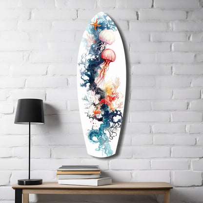 Jellyfish Coral Reef Surfboard Glass Wall Art