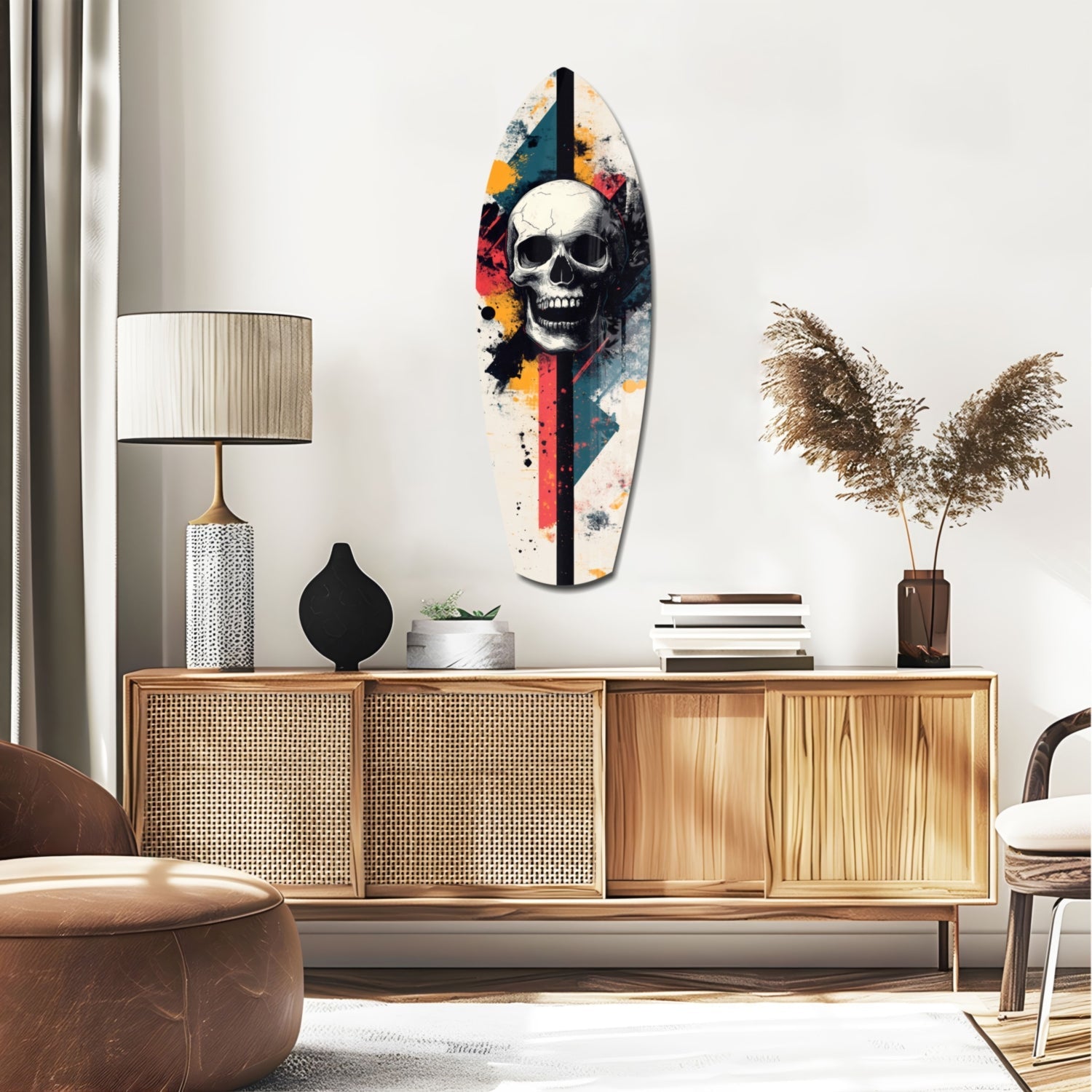 Grunge Surfboard Skull Glass Wall Art