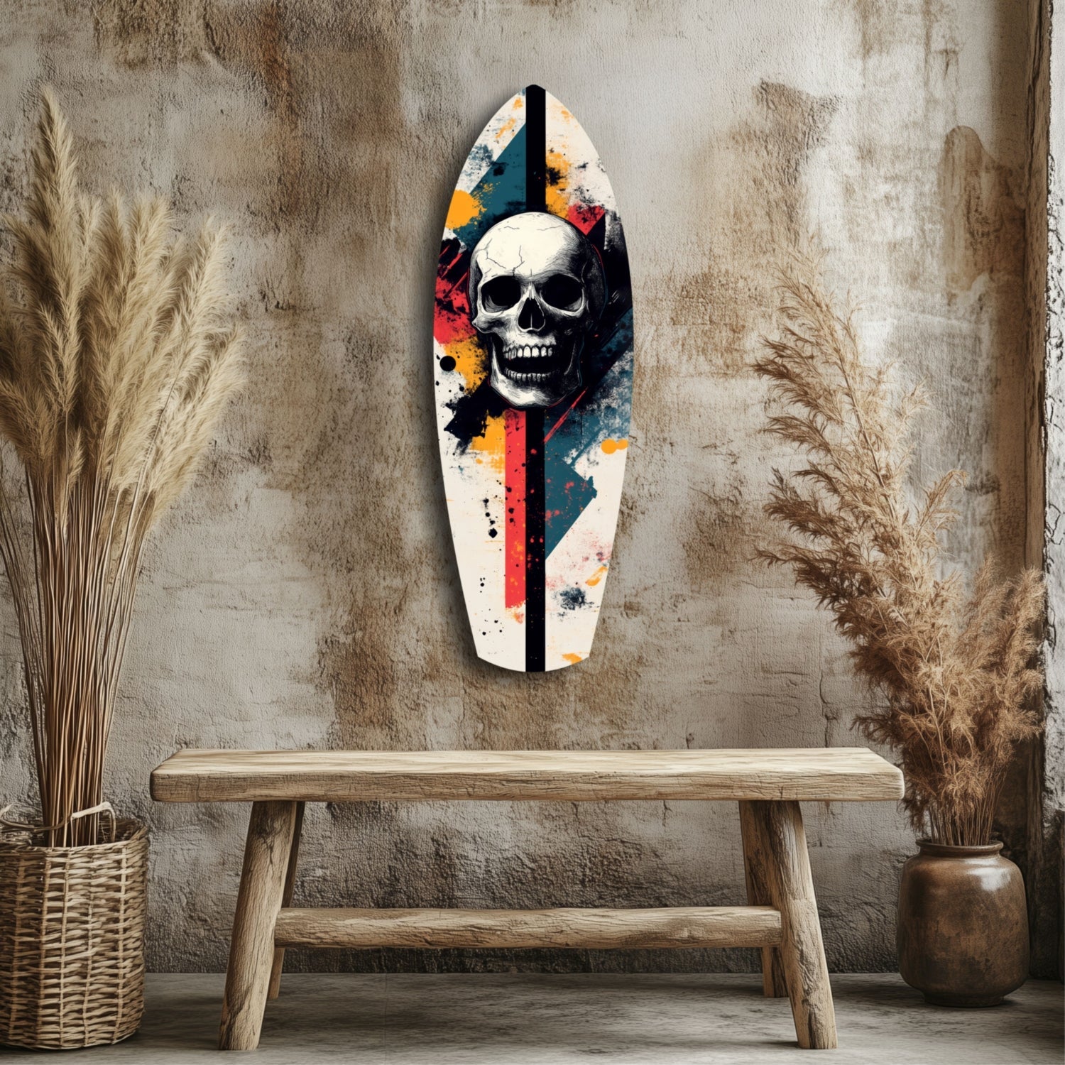 Grunge Surfboard Skull Glass Wall Art