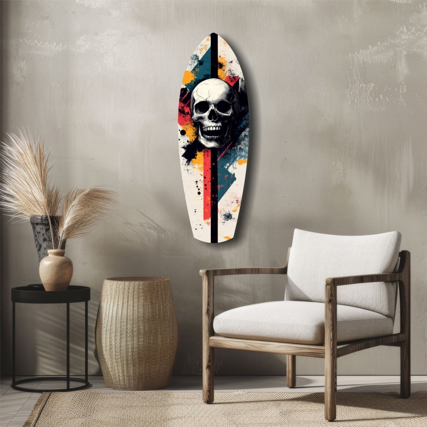 Grunge Surfboard Skull Glass Wall Art