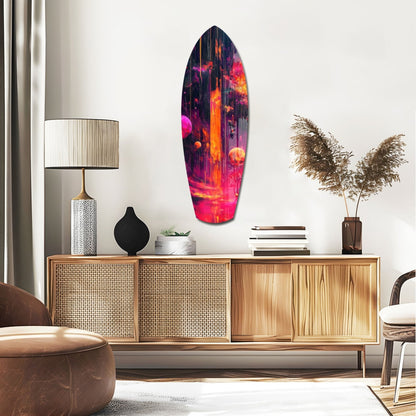 Neon Lava Falls And Planets Surfboard Glass Wall Art