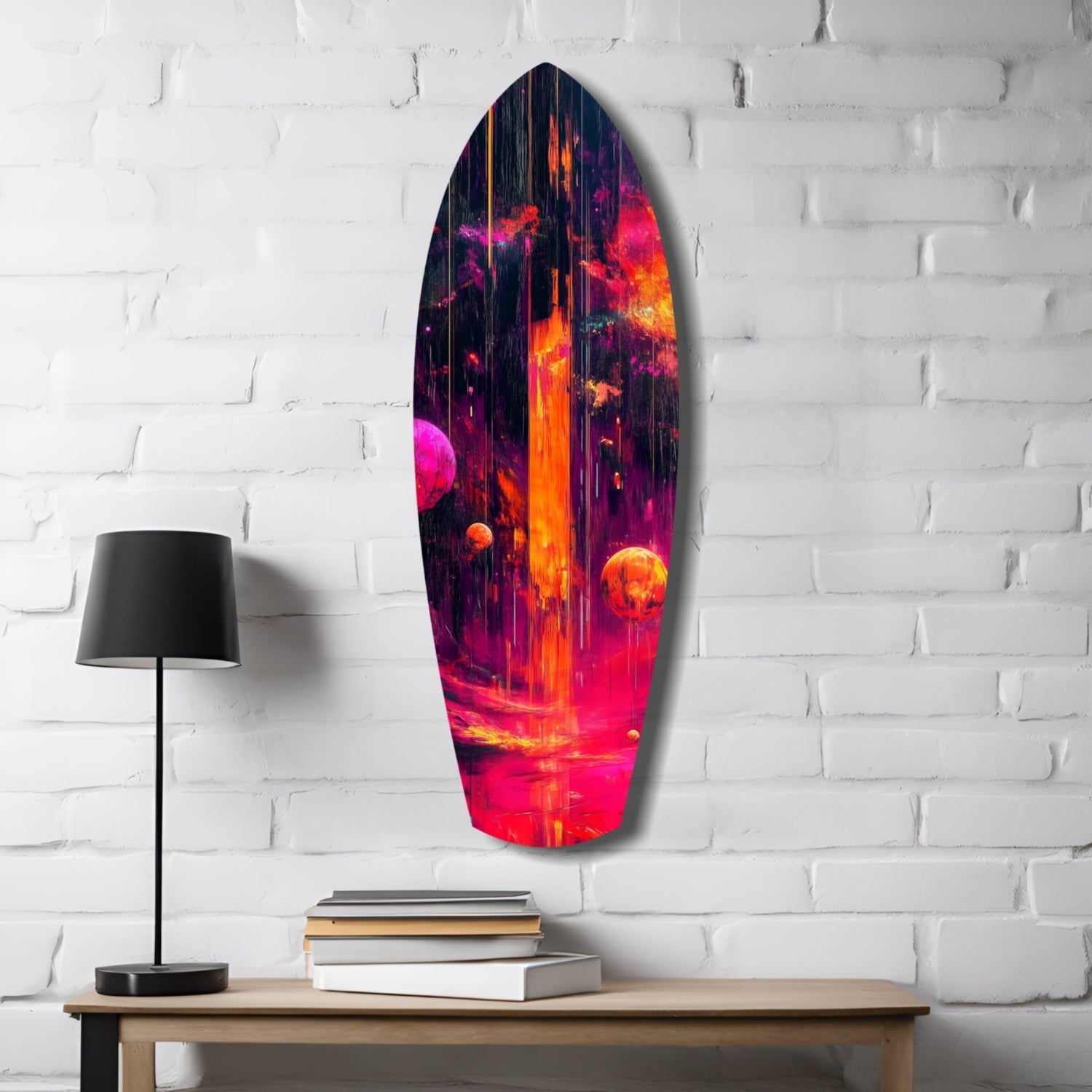 Neon Lava Falls And Planets Surfboard Glass Wall Art