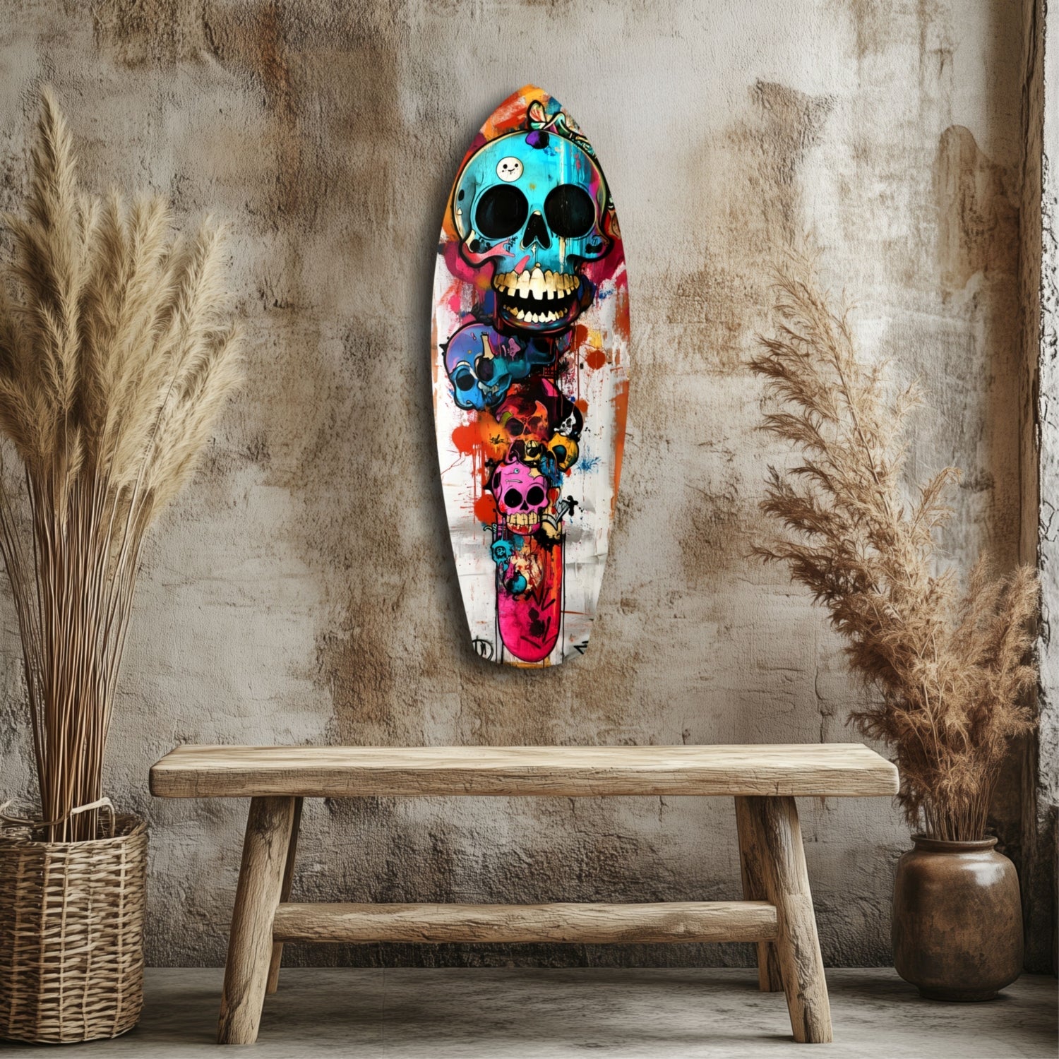 Turquoise Grin Skull Graffiti Surfboard Glass Wall Art