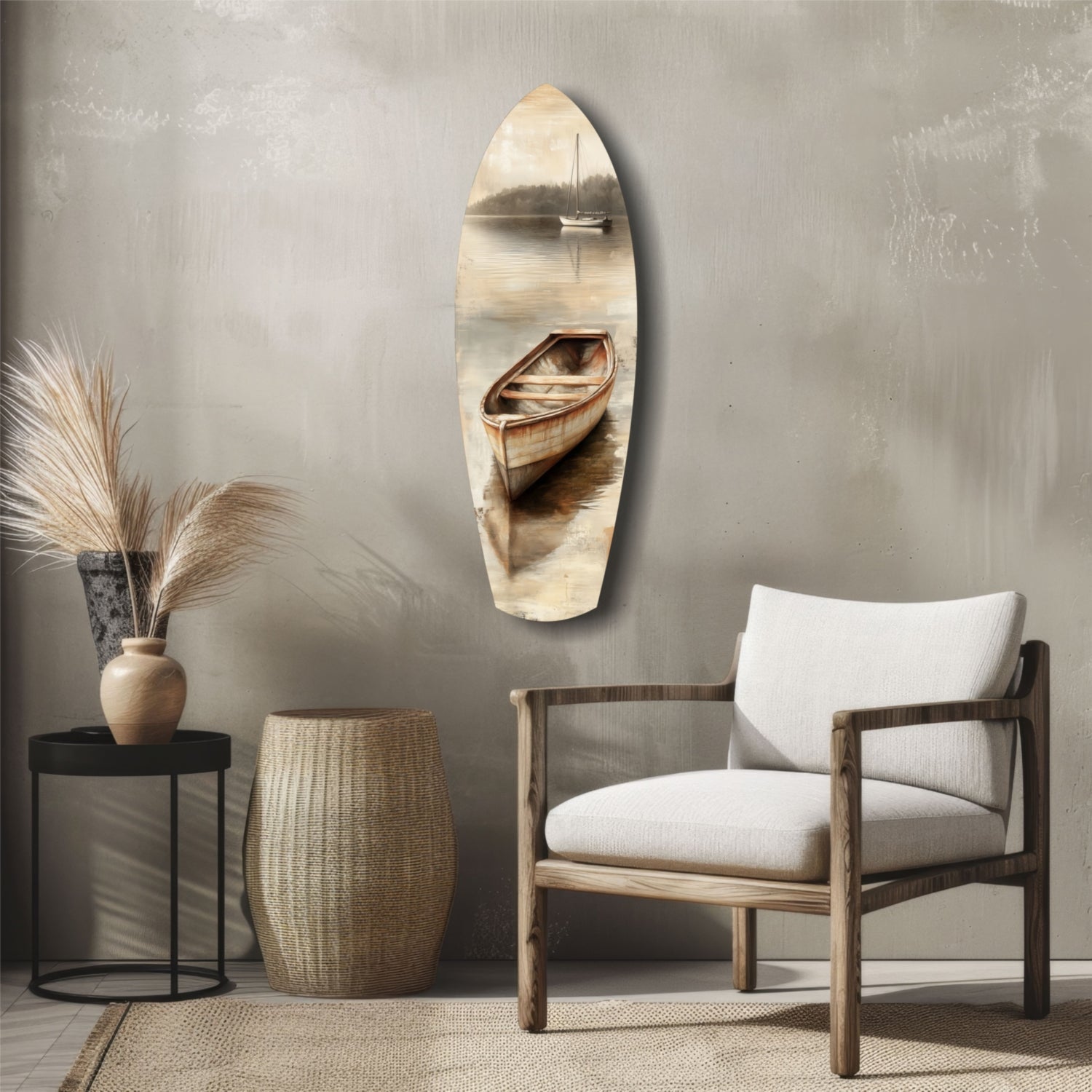 Beige Canoe and Distant Sailboat Glass Wall Art