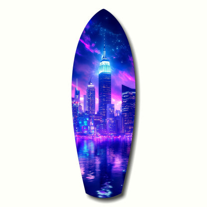 Neon Purple Skyline Night Reflection Glass Wall Art