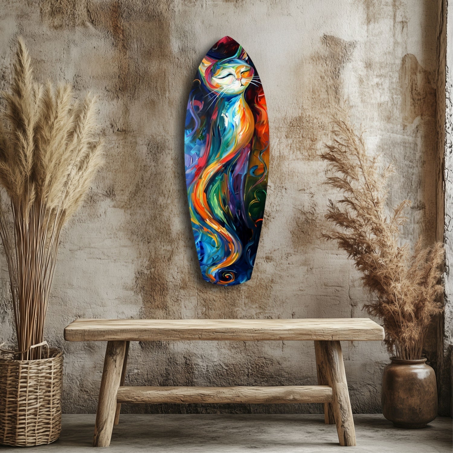 Colorful Swirl Cat Surfboard Glass Wall Art
