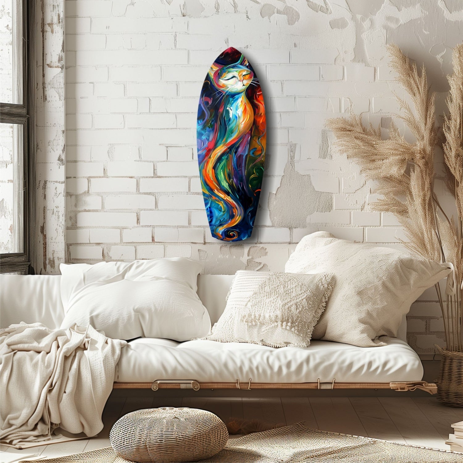 Colorful Swirl Cat Surfboard Glass Wall Art