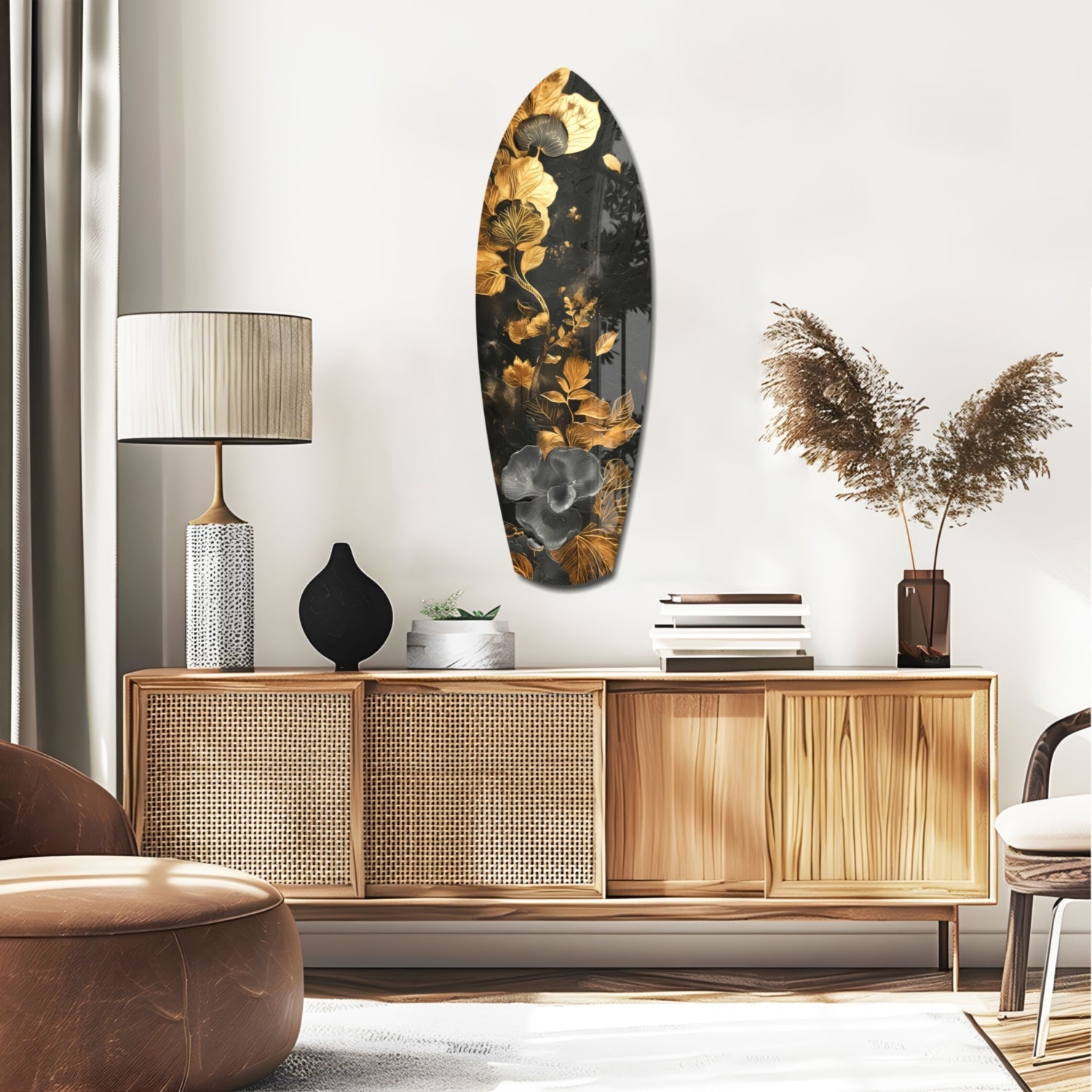 Gold Leaf Floral Surfboard Panel Glass Wall Art
