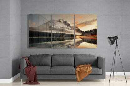 Snowy Peak Mirror Lake Triptych Glass Wall Art
