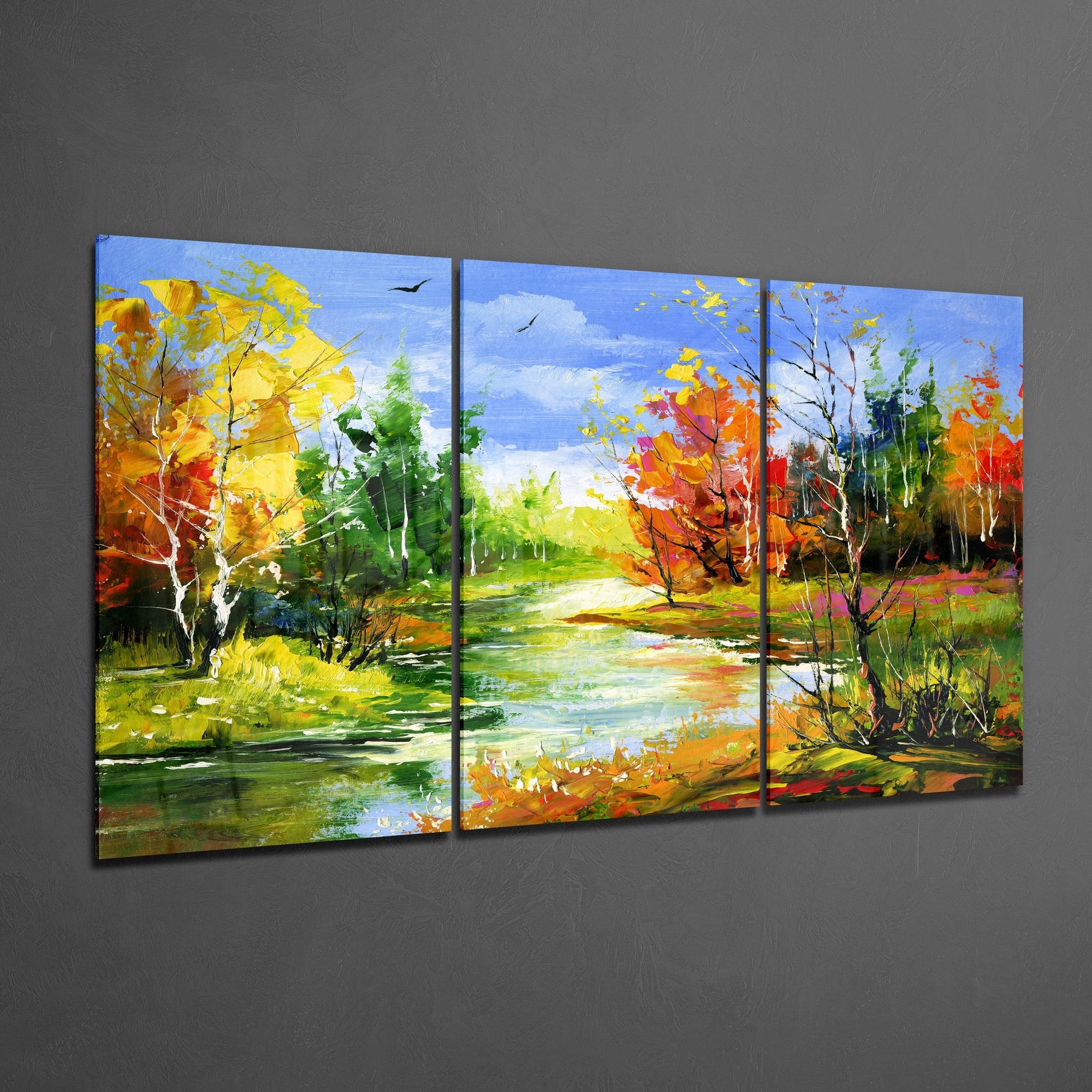 Palette Knife Autumn River Landscape Glass Wall Art