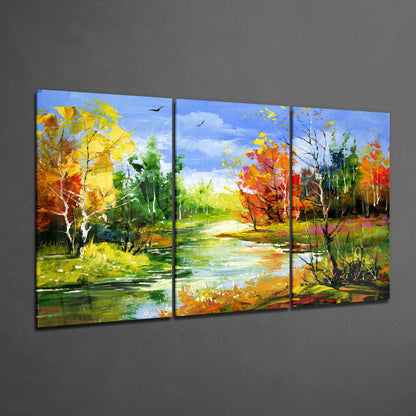 Palette Knife Autumn River Landscape Glass Wall Art
