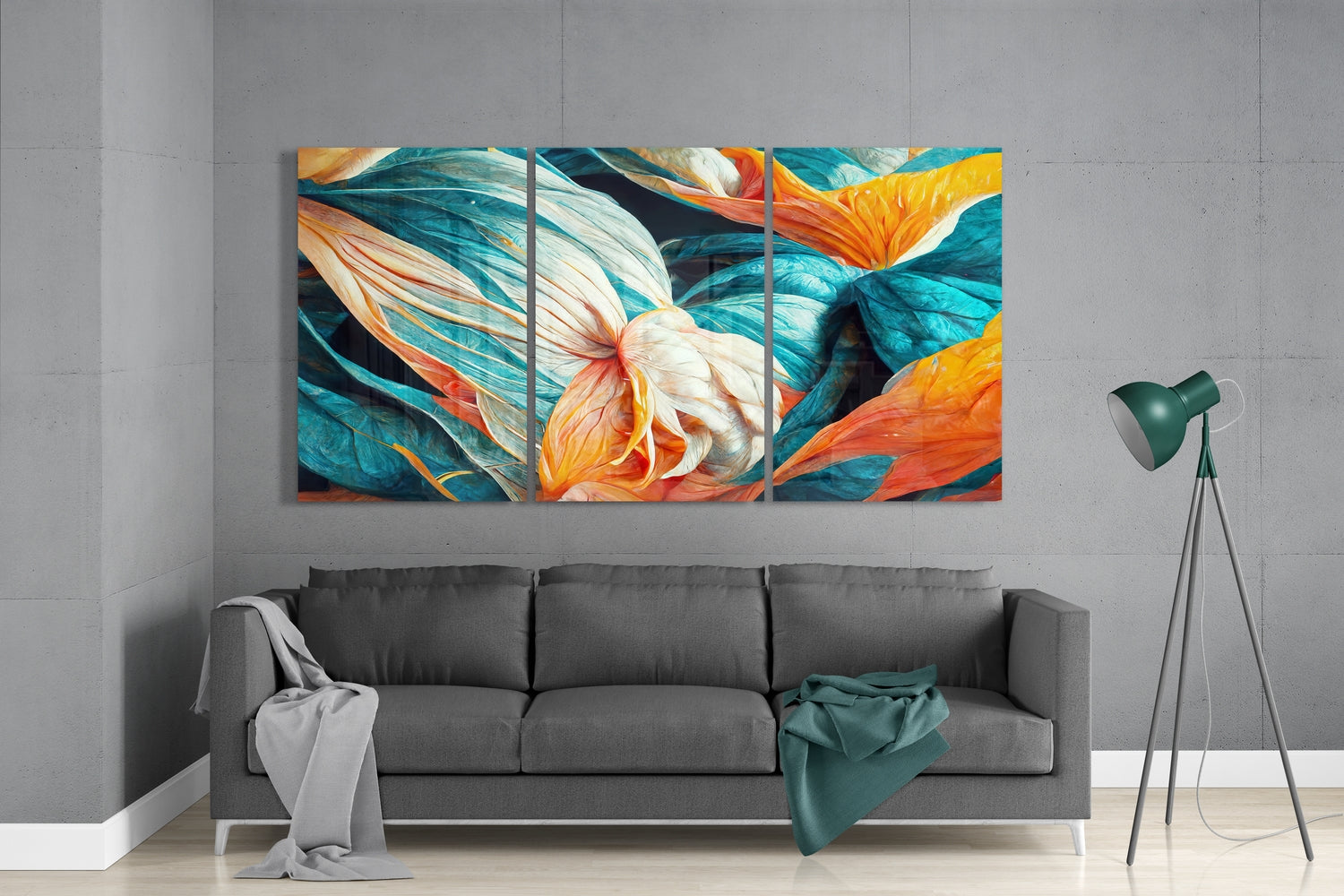 Teal Orange Abstract Petals Glass Wall Art
