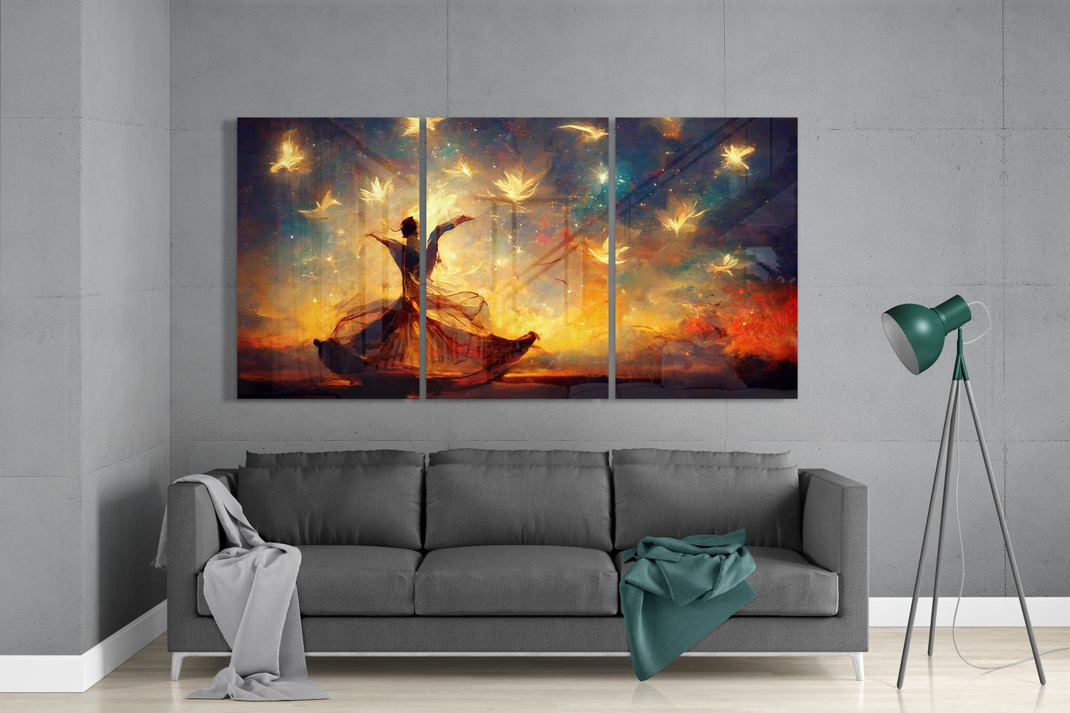 Fiery Sunset Dancer With White Doves Glass Wall Art