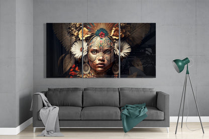 Feather Headdress Woman White Blooms Glass Wall Art
