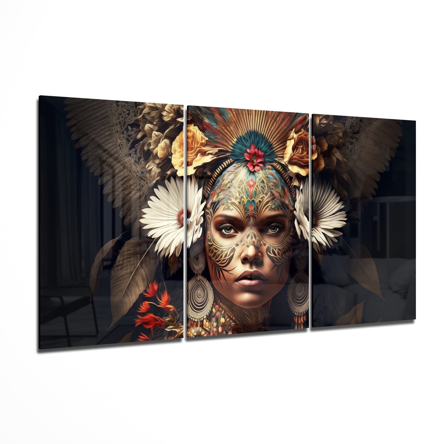 Feather Headdress Woman White Blooms Glass Wall Art