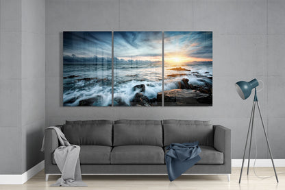 Crashing Waves Over Rocks At Dusk Glass Wall Art