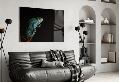 Turquoise Chameleon On Branch Black Glass Wall Art