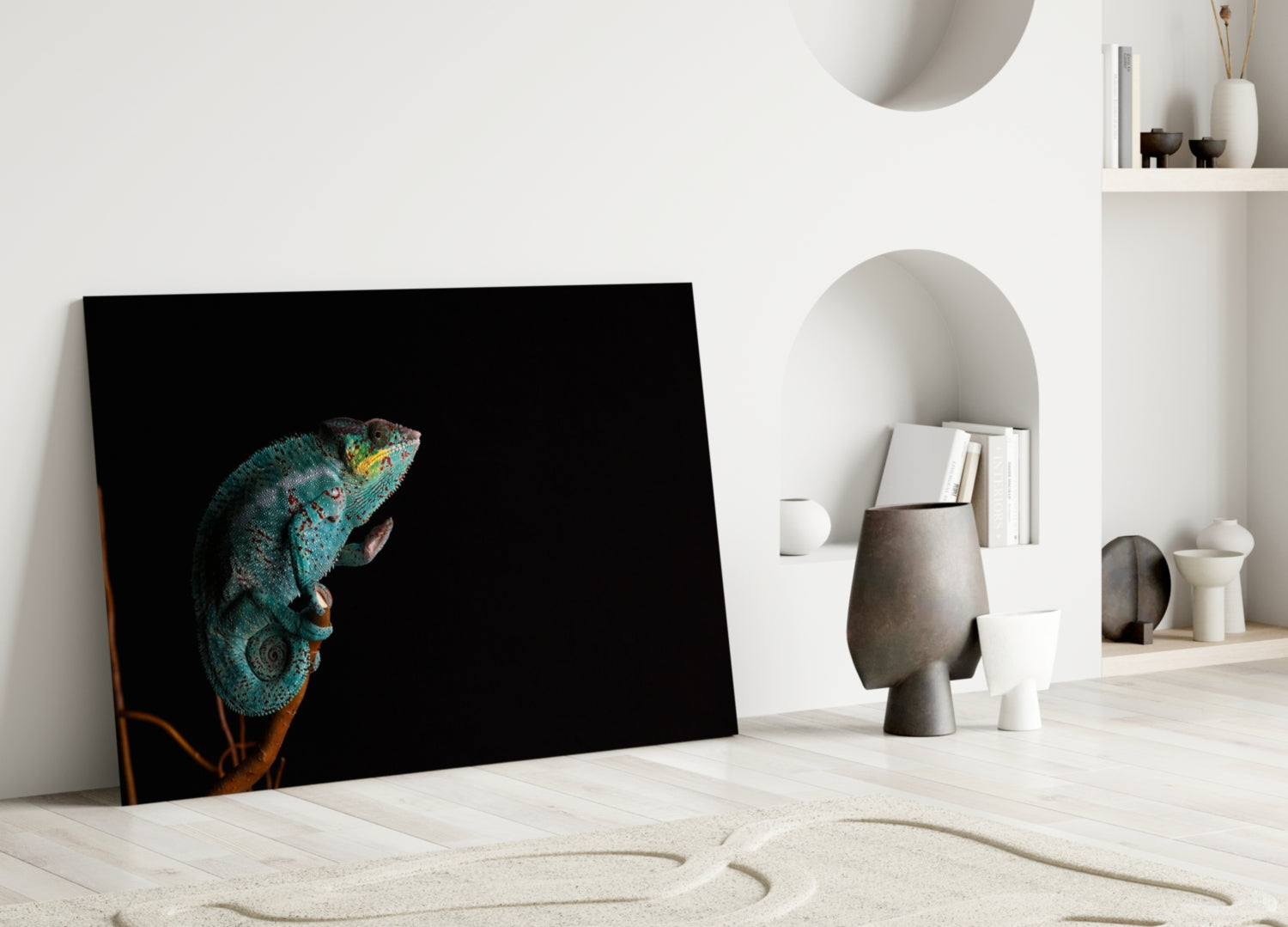 Turquoise Chameleon On Branch Black Glass Wall Art