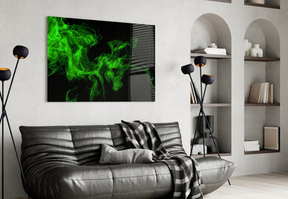 Green Smoke Swirl On Black Glass Wall Art