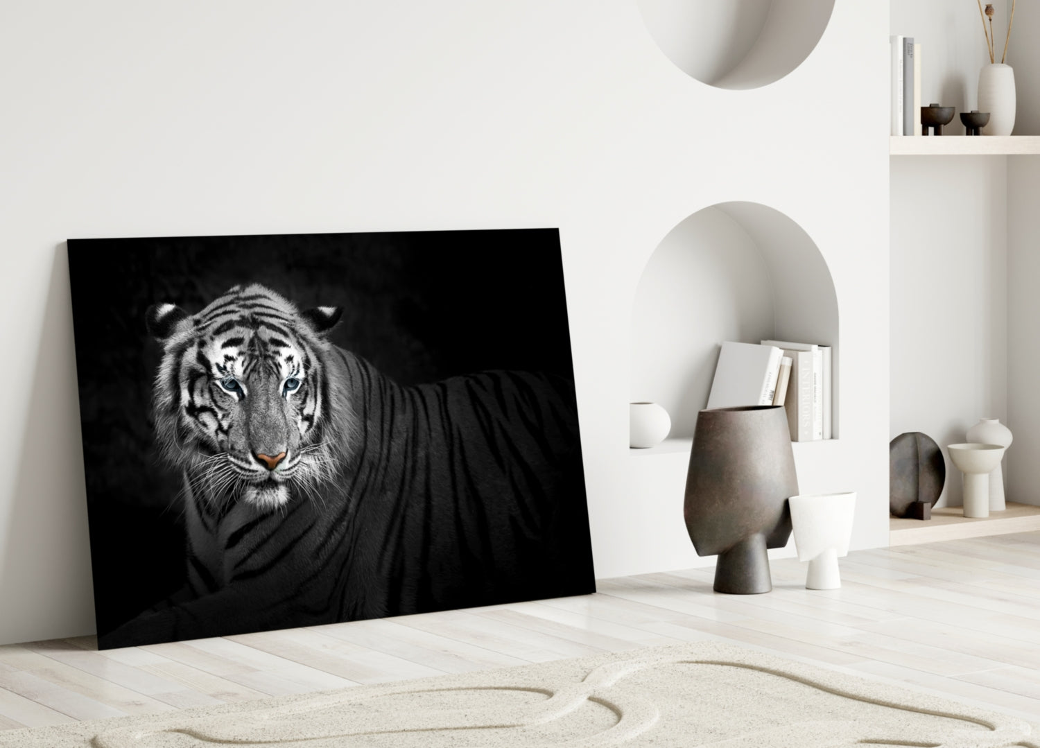 Reclining Blue Eyed Tiger Glass Wall Art