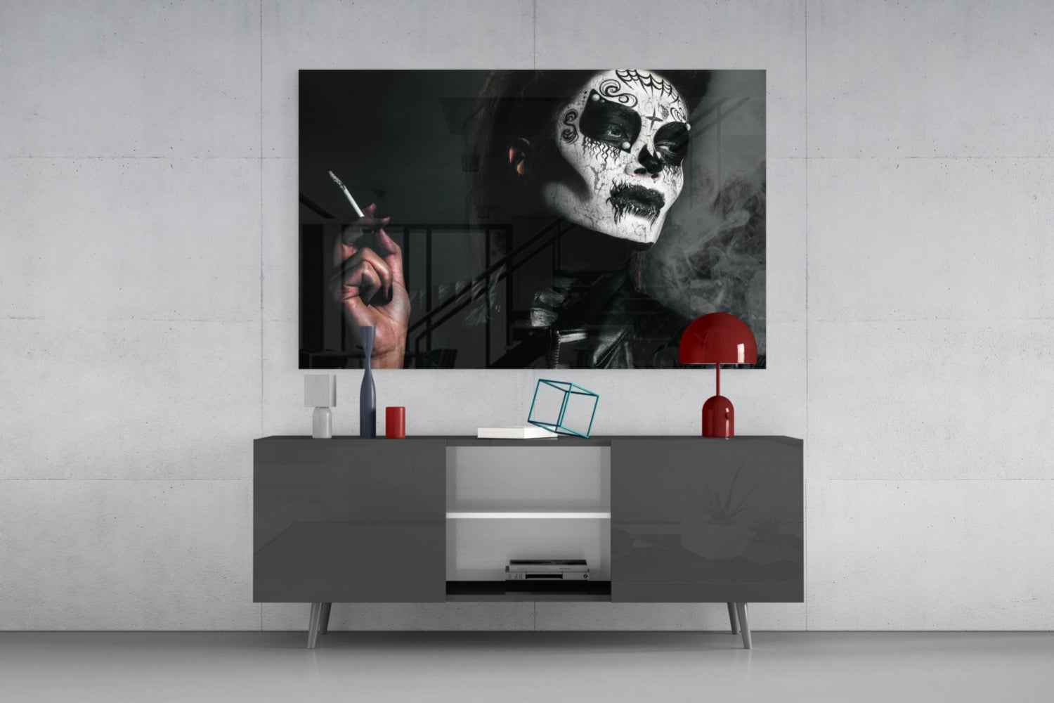 Sugar Skull Smoking Woman Glass Wall Art