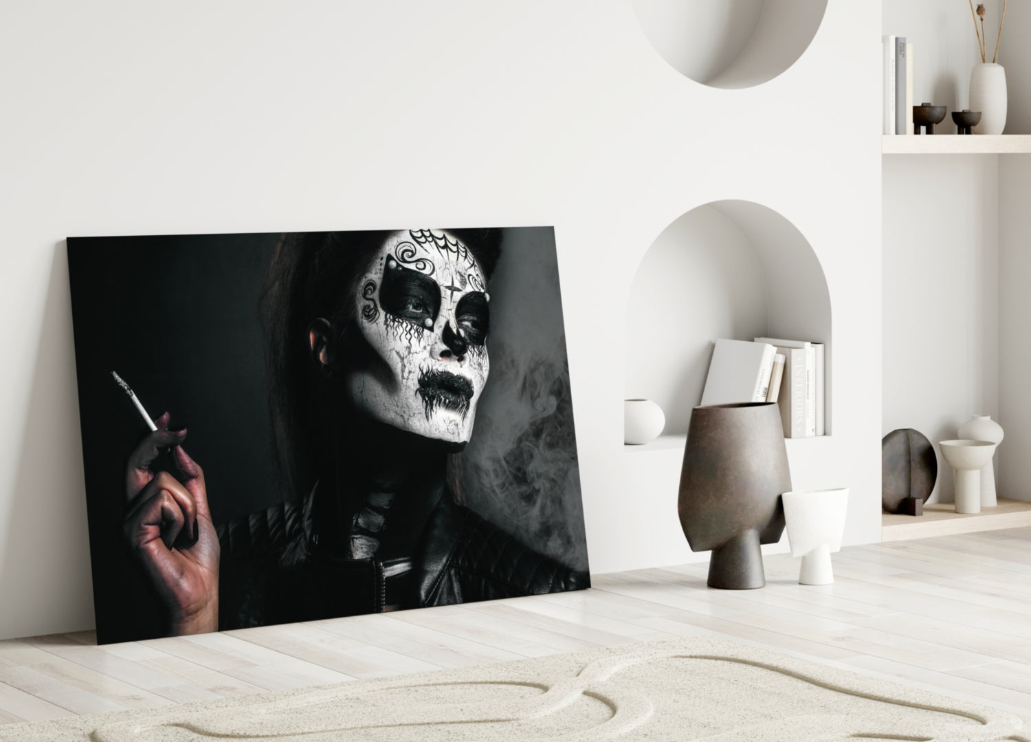 Sugar Skull Smoking Woman Glass Wall Art