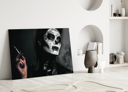 Sugar Skull Smoking Woman Glass Wall Art