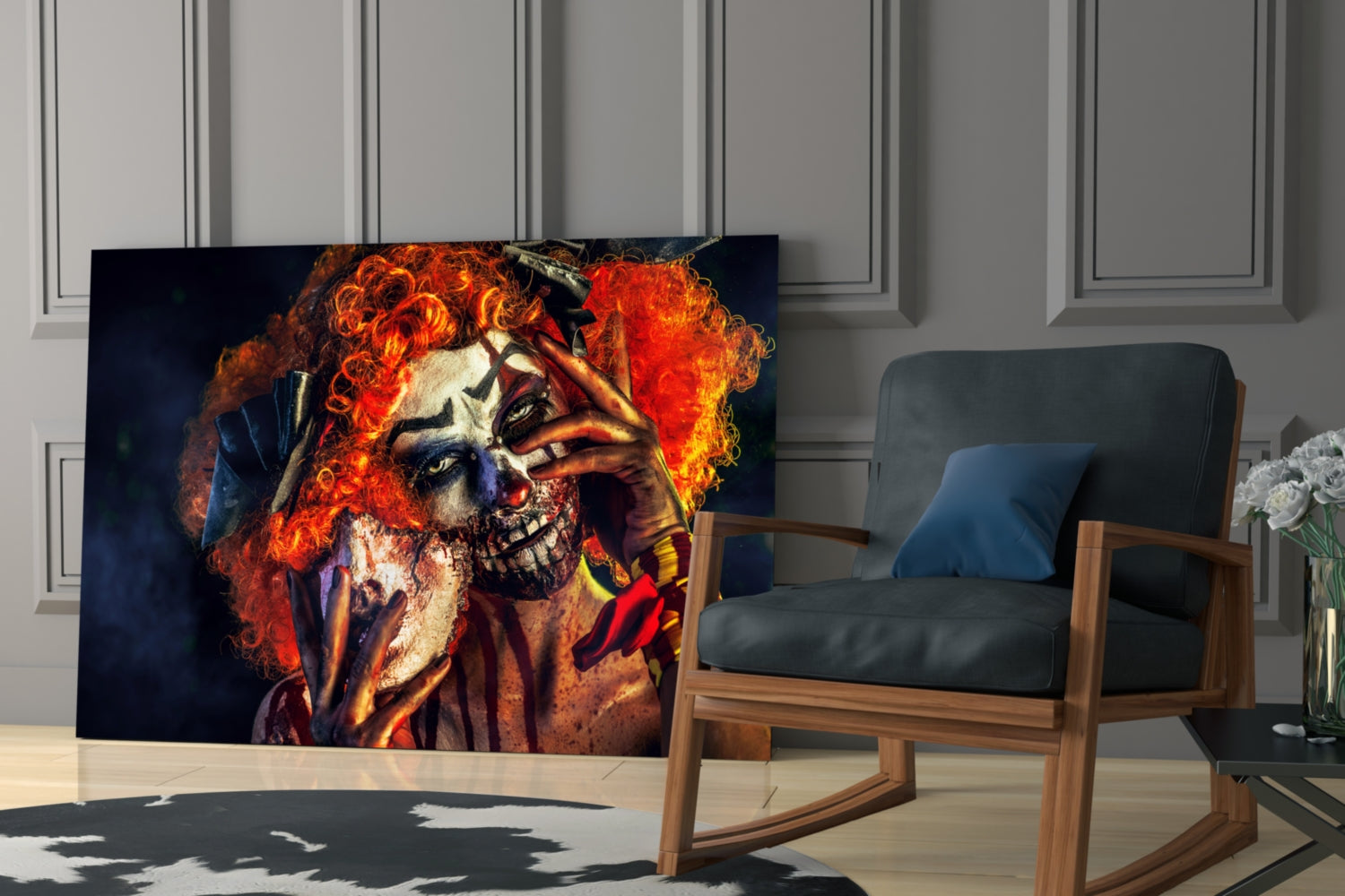 Fiery Wig Scary Clown Glass Wall Art
