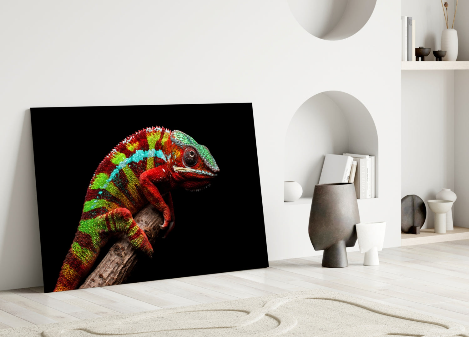 Red Green Striped Chameleon Glass Wall Art