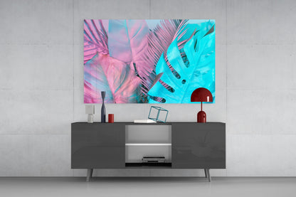 Pink Turquoise Monstera Palms Glass Wall Art