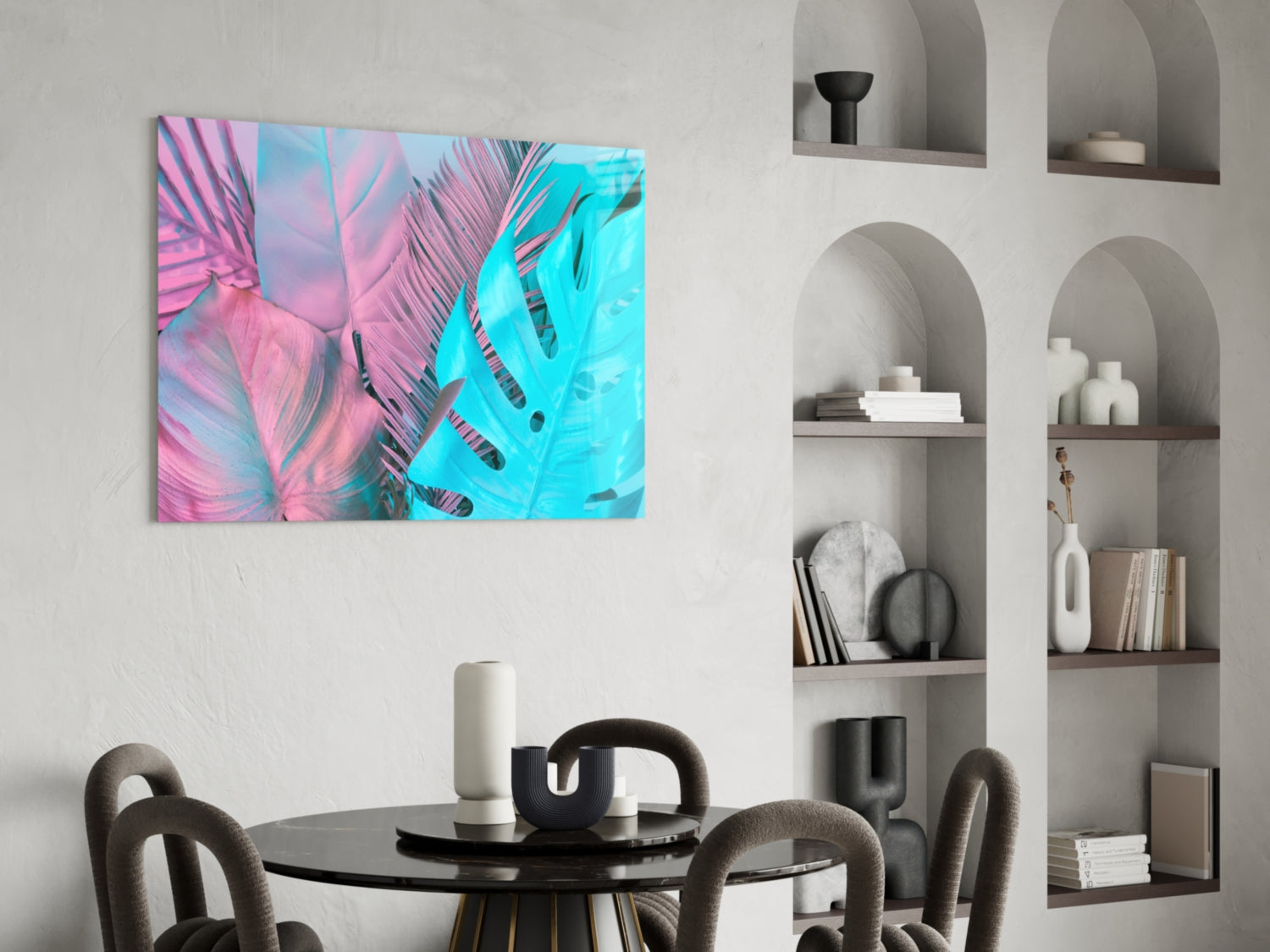 Pink Turquoise Monstera Palms Glass Wall Art