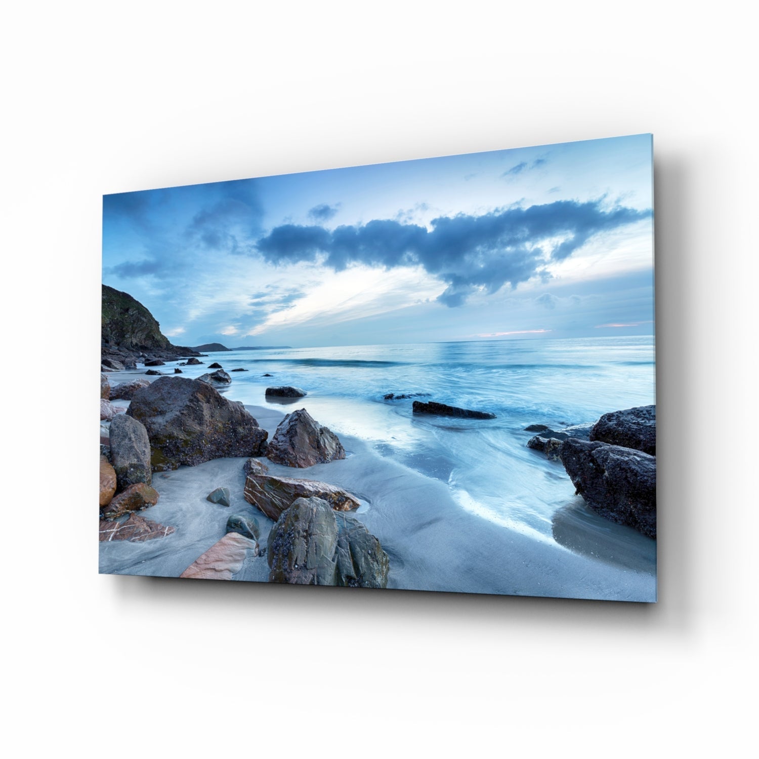 Cool Blue Dusk Beach Sea Landscape Glass Wall Art