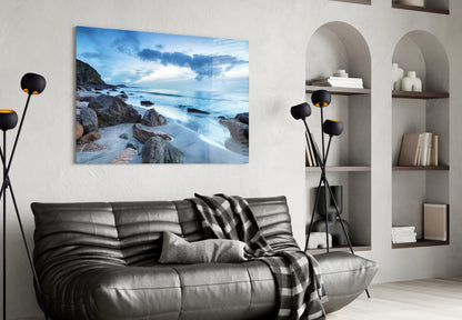 Cool Blue Dusk Beach Sea Landscape Glass Wall Art