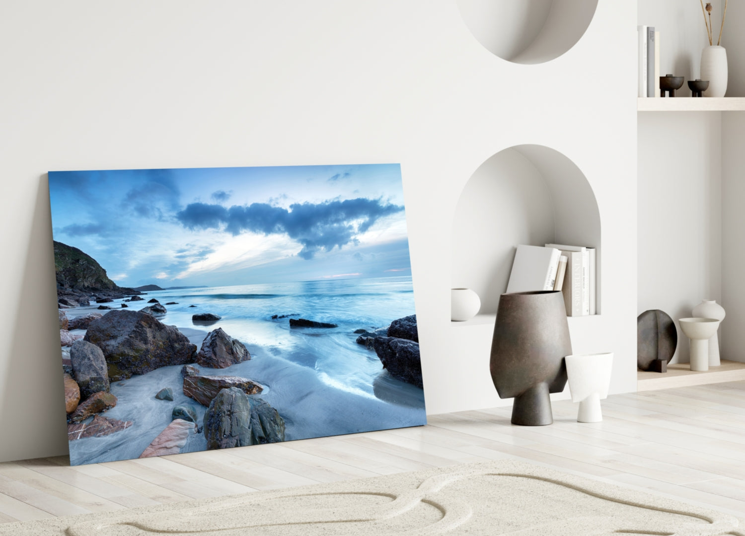 Cool Blue Dusk Beach Sea Landscape Glass Wall Art