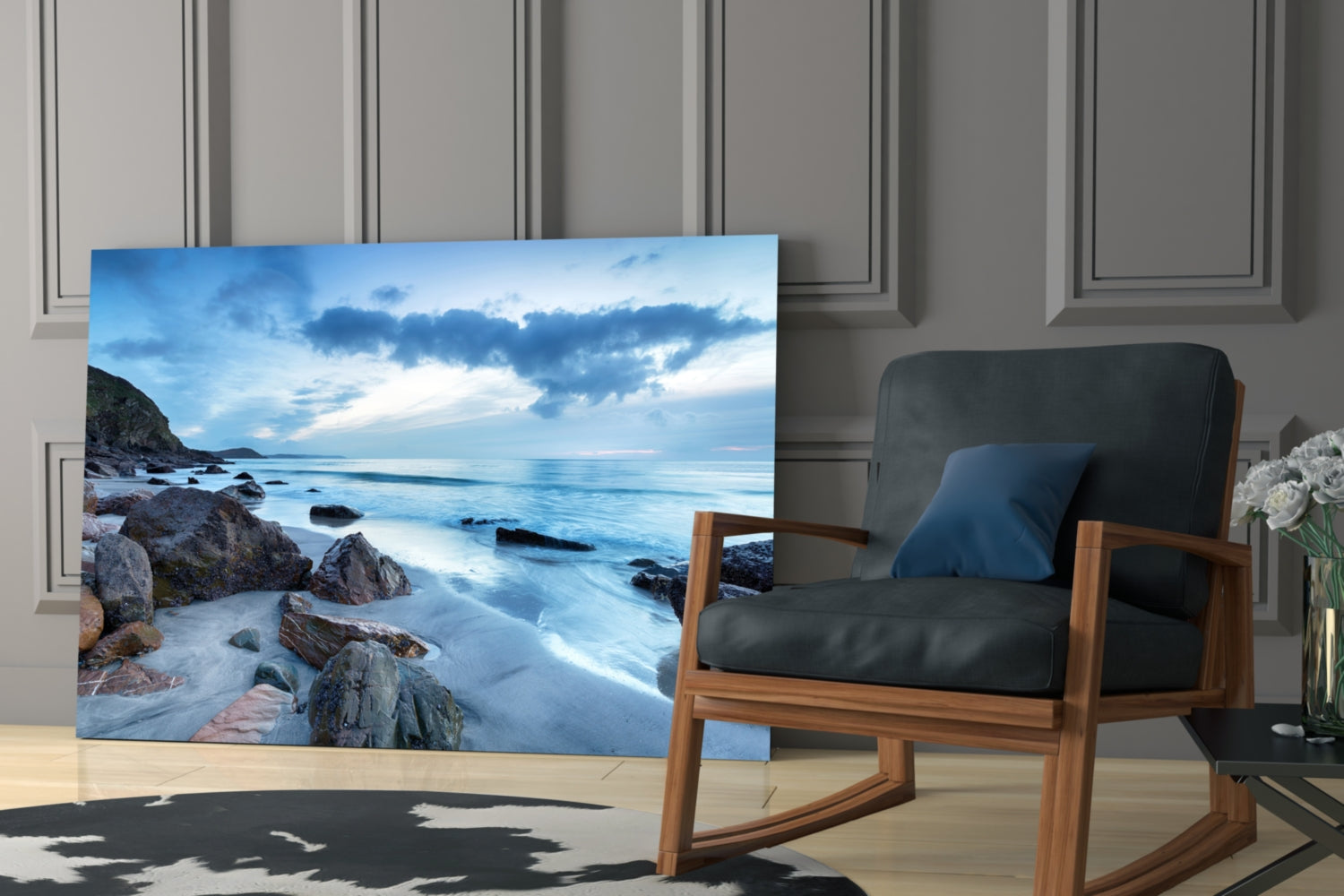 Cool Blue Dusk Beach Sea Landscape Glass Wall Art