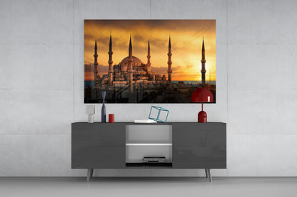 Golden Sunset Minarets Blue Mosque Glass Wall Art