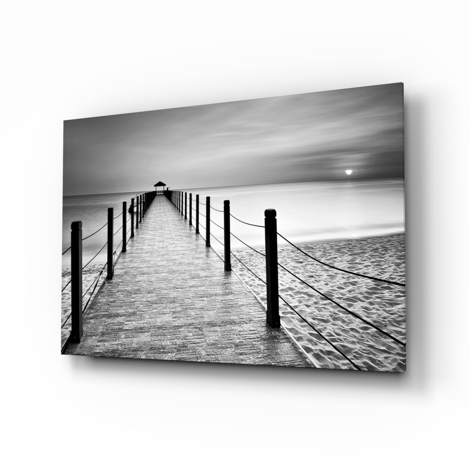 Black White Beach Boardwalk Ropes Glass Wall Art