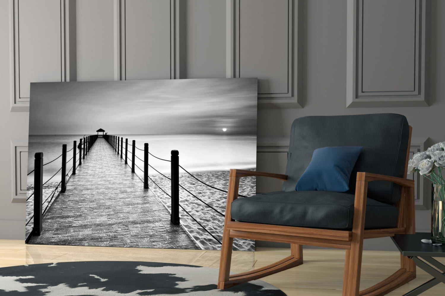 Black White Beach Boardwalk Ropes Glass Wall Art