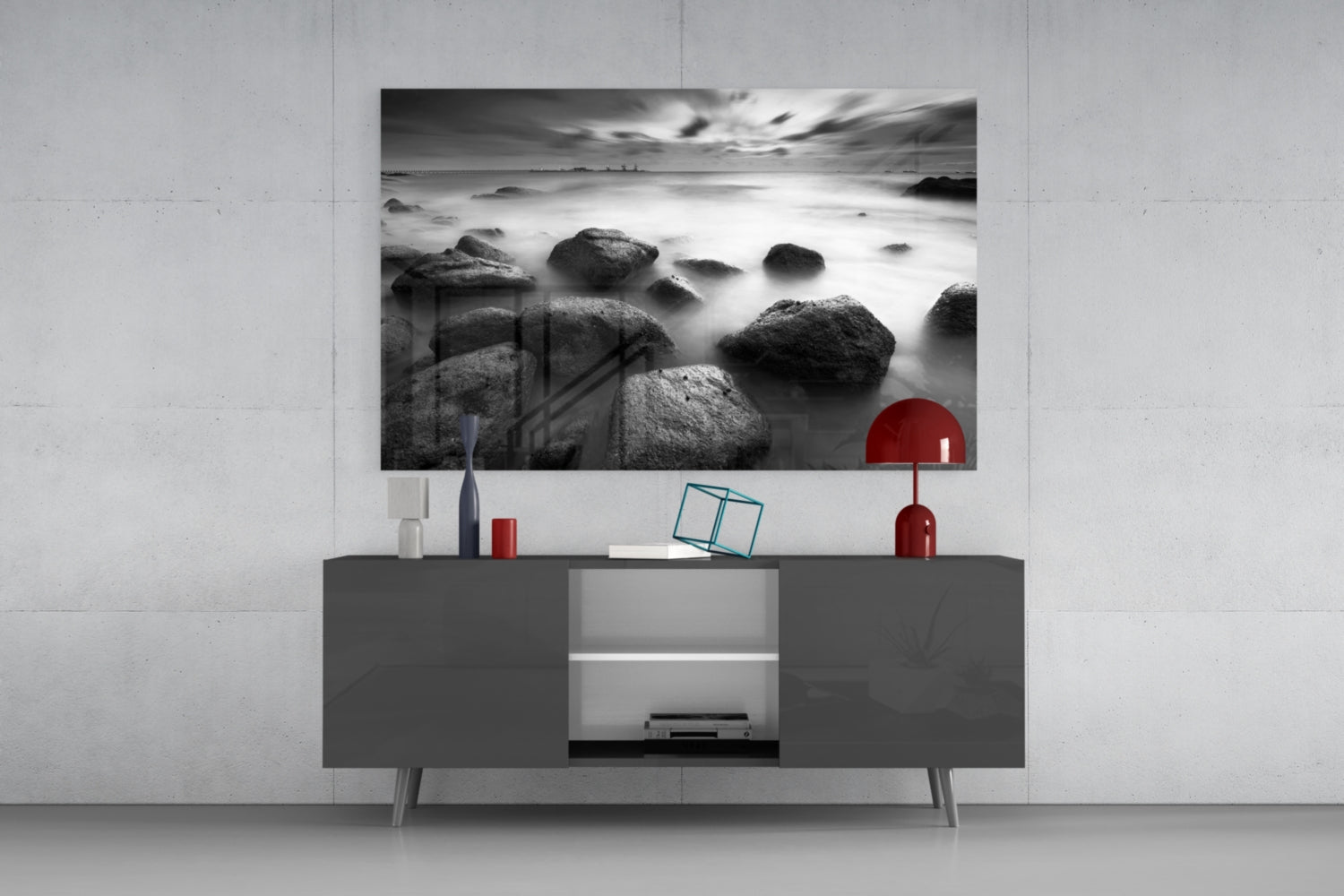 Black And White Misty Sea Boulders Glass Wall Art