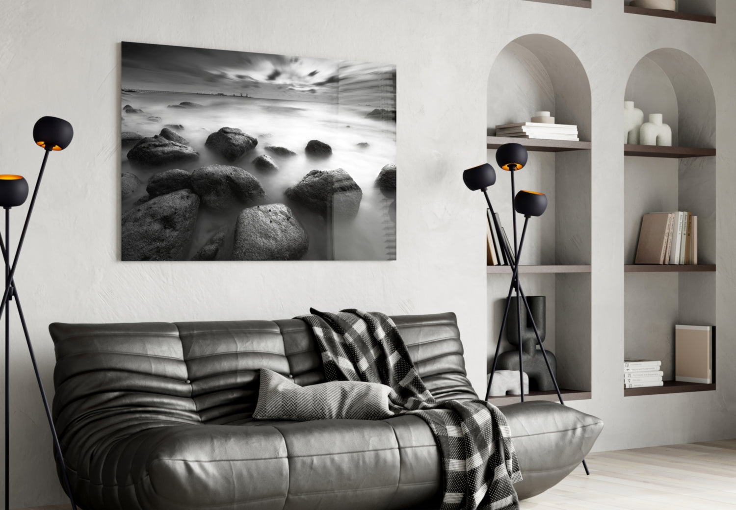 Black And White Misty Sea Boulders Glass Wall Art