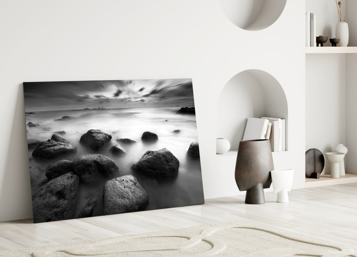 Black And White Misty Sea Boulders Glass Wall Art