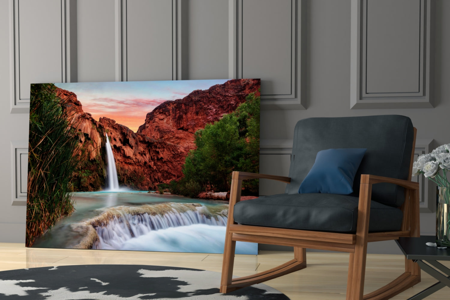Desert Canyon Falls Sunset Glass Wall Art