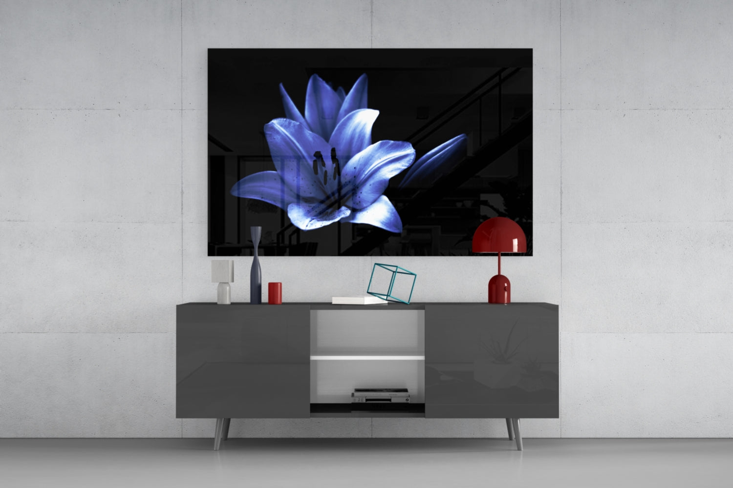 Glowing Blue Lily on Black Glass Wall Art