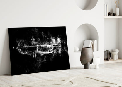 Smoke Trumpet Black and White Glass Wall Art