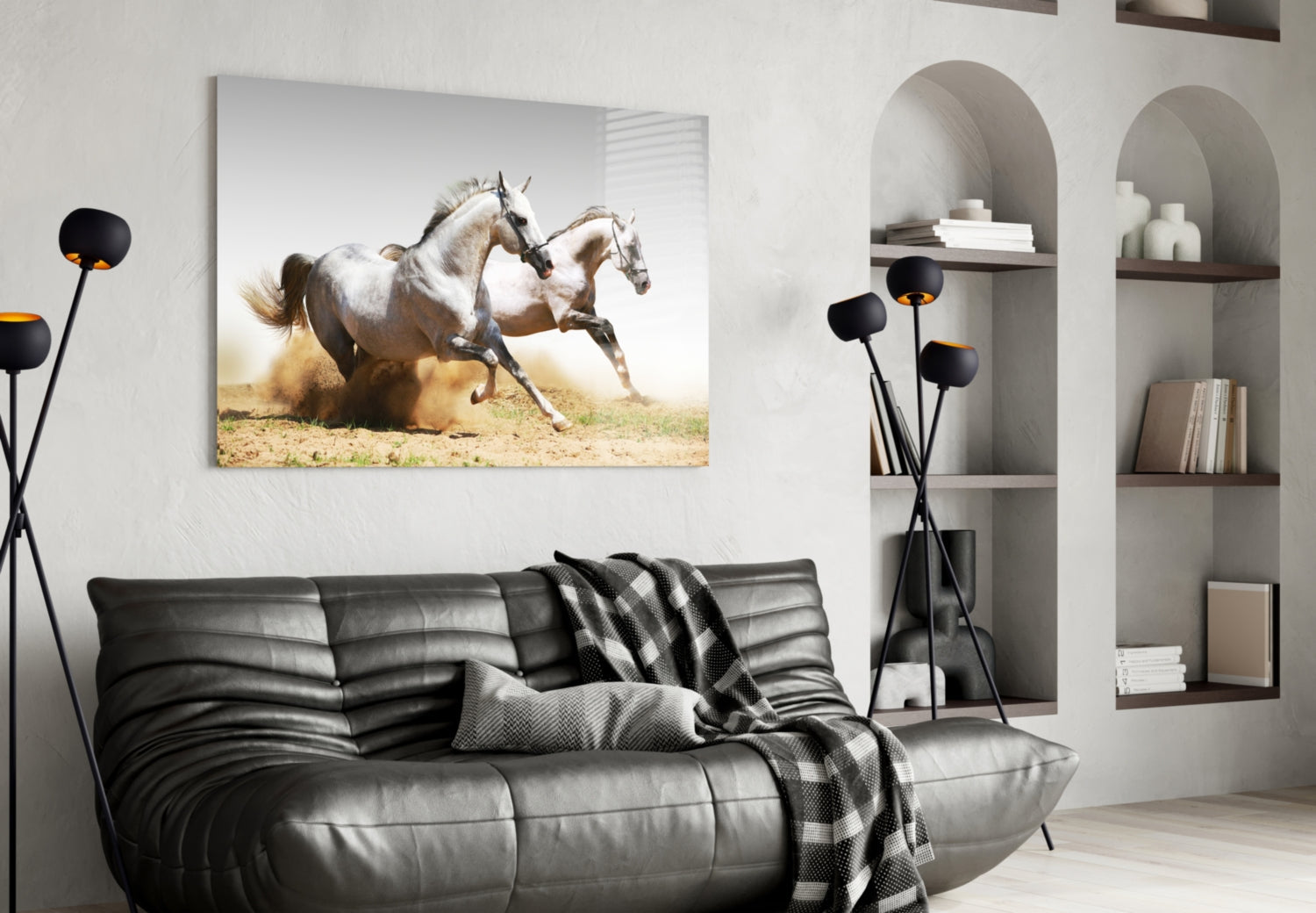 Two White Horses Dust Gallop Glass Wall Art