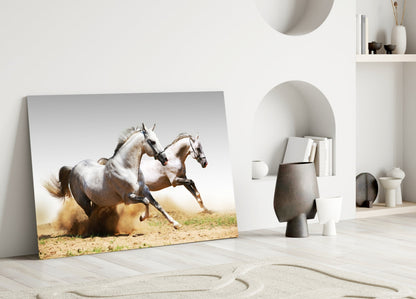 Two White Horses Dust Gallop Glass Wall Art