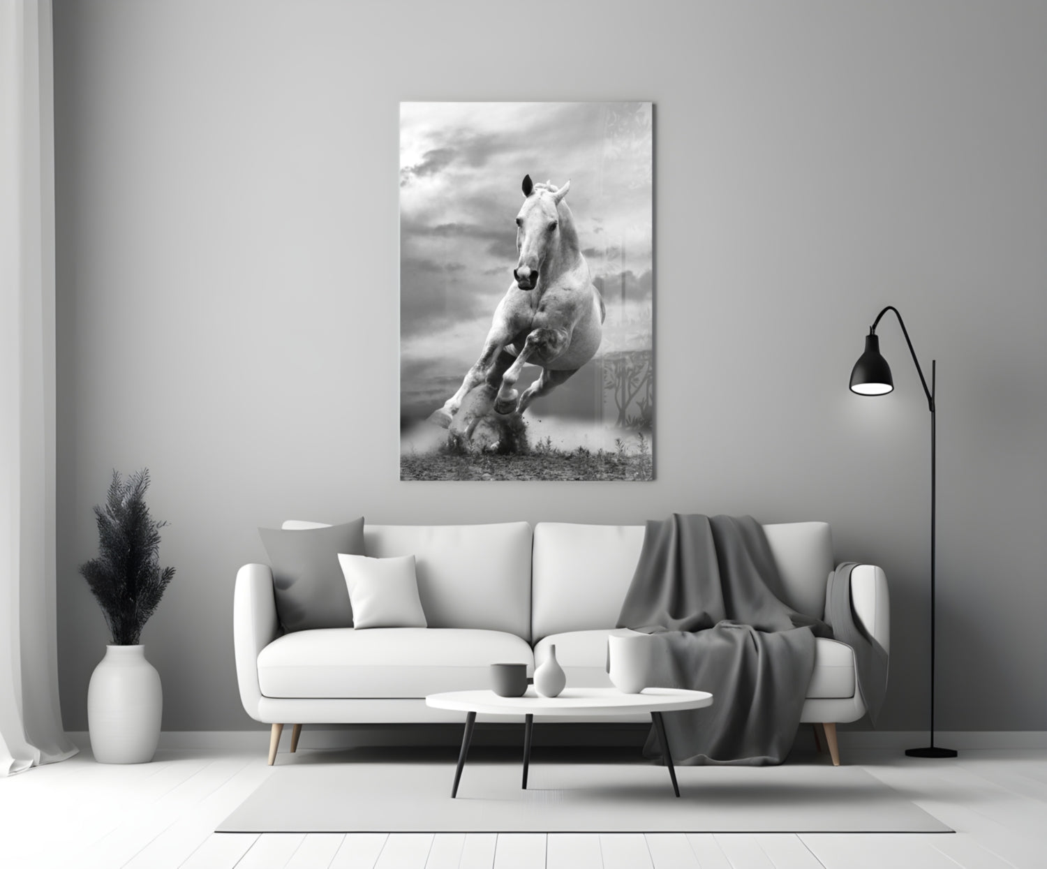 Tall White Stallion In Motion Glass Wall Art