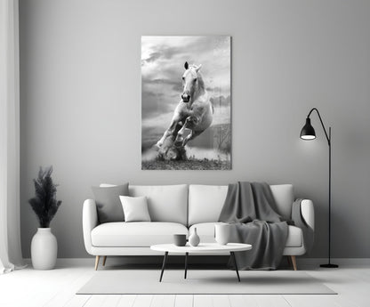 Tall White Stallion In Motion Glass Wall Art